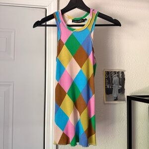 SIEDRES multicolor rainbow diamond argyle checker crew neck knit tank top